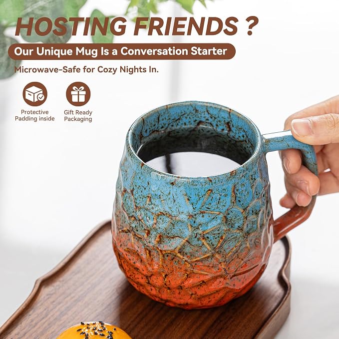 18oz Unique Blue & Orange Kiln-Change Ceramic Coffee Mug, Handcrafted Hammered Texture Ceramic Mug with Ergonomic Handle, Microwave & Dishwasher Safe, Gift for Coffee Lovers, Home Office Daily Use - Image 2