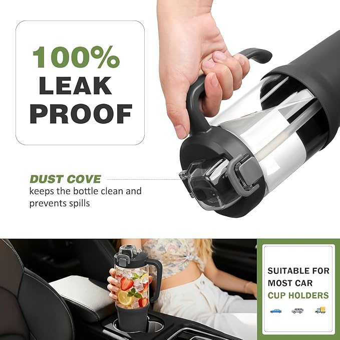 32 oz Glass Tumbler with Handle, 2-in-1 Straw and Sip Spout, Leakproof, BPA-Free Glass Water Bottle for Sports, Office, School, Black