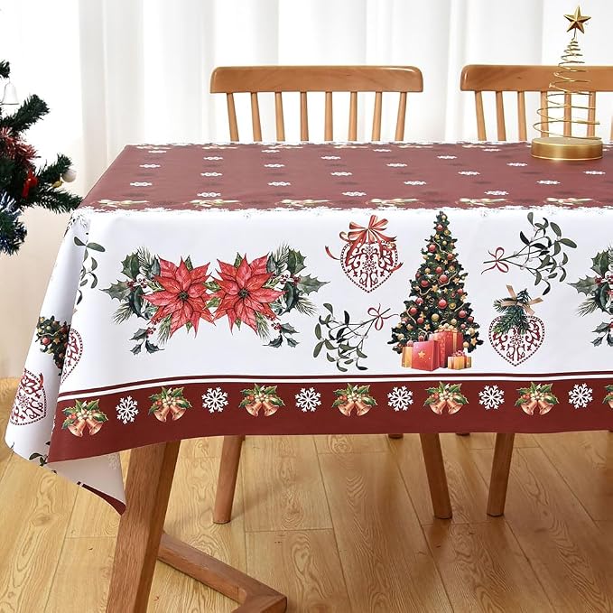 Christmas Table Cloth Rectangle Heavy Duty Vinyl Red Christmas Tablecloth Plastic Reusable Santa Tablecloth Wpieable Waterproof PVC Xmas Table Cover for Dining Party New Year(Red, 54"x72") - Image 6