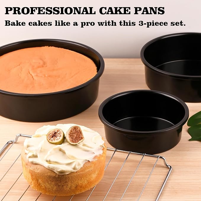 HUAKENER 3 Pack Round Cake Pans, Carbon Steel Pan with Parchment Paper | 6" 8" 10 Inch Circle Cake Pan with 150 Pieces Parchment Paper, Non-stick Cake Baking Pans, Dishwasher Safe - Image 2