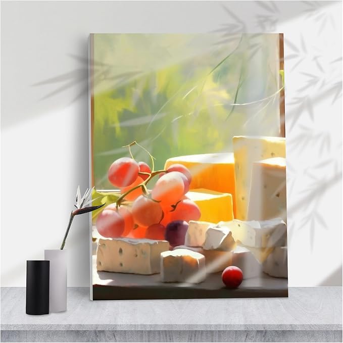 Warm Sunlit Cheese and Grapes Still Life Wall Art,Soft Impressionist Kitchen Painting Assorted Cheeses Red Grapes Window for Cozy Dining or Kitchen Decor,16''x24'' Framed Modern Canvas Wall Art by Unknown