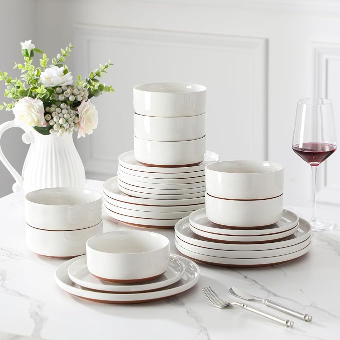 MALACASA Plates and Bowls Sets, 24 Pieces Modern Ceramic Dinnerware Set for 8 Kitchen Stoneware Dishes Dishware Set Microwave and Dishwasher Safe, White, Series TARA - Image 6