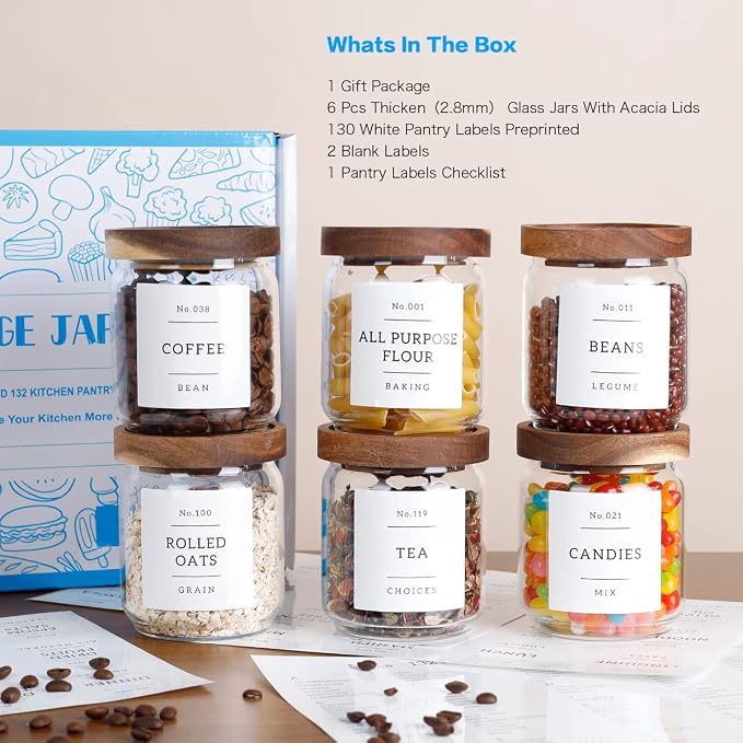 16 OZ Stackable Glass Food Storage Jars with 132 Pantry Labels Preprinted - 6 Pcs Thicken Glass Storage Containers with Airtight Acacia Lid - Clear Kitchen Canister for Spice, Tea, Coffee, Sugar - Image 2