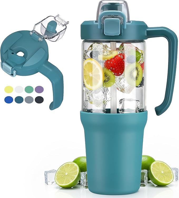 32 oz Glass Tumbler with Handle, 2-in-1 Straw and Sip Spout, Leakproof, BPA-Free Glass Water Bottle for Sports, Office, School, Peacock Blue