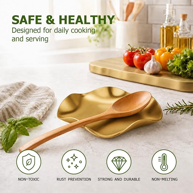 VanlonPro Stainless Steel Spoon Rest, Spatula Ladle Holder, Stainless Steel Utensil Spoon Rest Holder, Brushed Finish, Dishwasher Safe 5.9 Inch (Flower Gold 1PC) - Image 3