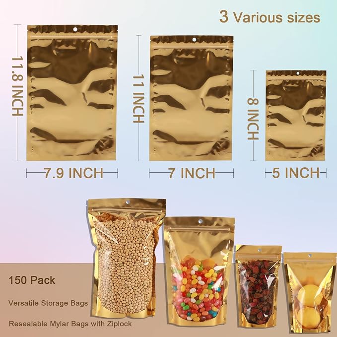 150 Pcs Mylar Bags for Food Storage, 5x8 Mylar Bag with Window Stand Up, Small Holographic Resealable Bags Smell Proof Bag Food Packaging for Small Business Freeze Dried Candy Jewelry Foil Packaging - Image 4
