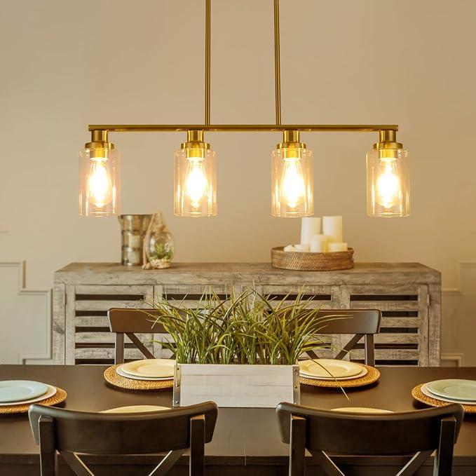Kitchen Island Lighting, 4-Light Dining Room Light Fixtures Over Table,Gold Linear Chandelier for Dining Room Hanging,Pendant Lights Kitchen Island with Clear Glass Shade - Image 5