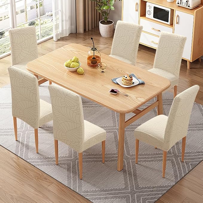 Fuloon Chair Covers for Dining Room 4 Pack, Solid Stretch Dining Chair Covers, Washable Kitchen Slip Covers, Jacquard Parson Chair Covers Set of 4(Leaf Jacquard Beige, 4 Pack) - Image 7