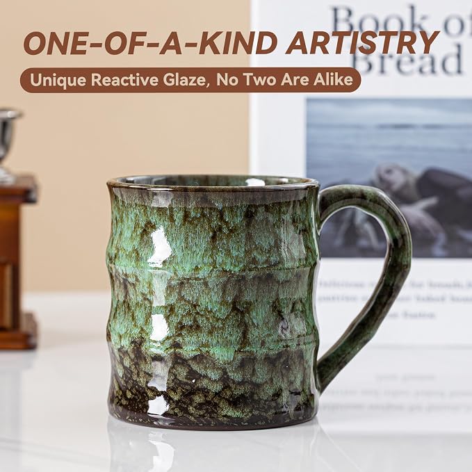 Unique Reactive Glaze Ceramic Coffee Mug - 15 oz Large Coffee Cup with Ergonomic Large Handle, Forest Green Ceramic Mug for Office & Home, Great Birthday Gift for Women, Men & Friends - Image 2