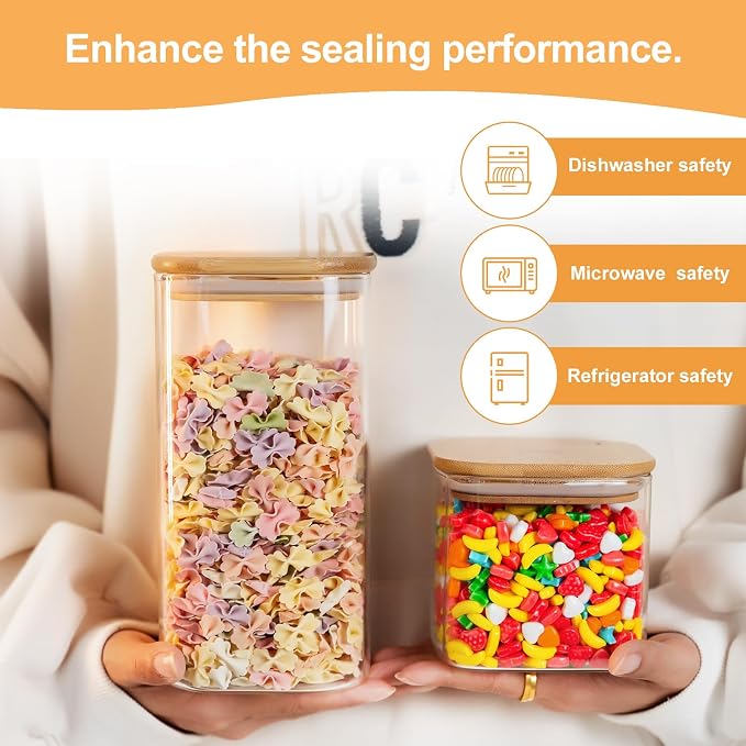 6-Pack Glass Food Storage Jars Set (3 Square + 3 Round), 37oz Airtight Clear Canisters with Bamboo Lids, Stackable Pantry Containers for Flour, Sugar, Rice, Pasta, Nuts, Candy & Spice Organization - Image 7