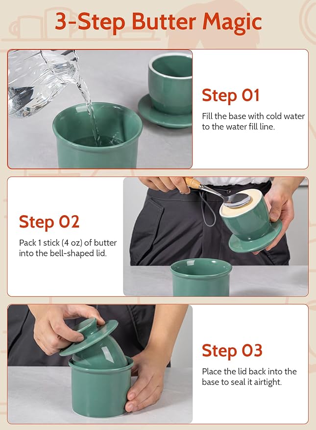 Sweese Counter with Water Line for Fresh Spreadable Butter - French Butter Keeper with Lid - Housewarming Gift For The One Who Has It All - Sage Green - Image 4