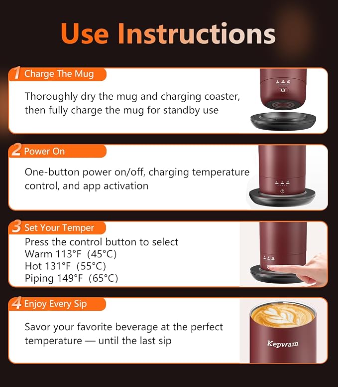 Kepwam Heated Coffee Mug Rechargeable T3, 20oz Self-Heating Travel Mug for Coffee with 1℉ Precise Temperature Control & App, Portable Cup Warmer for Outdoor & Car (Fits Cup Holders) - Image 8