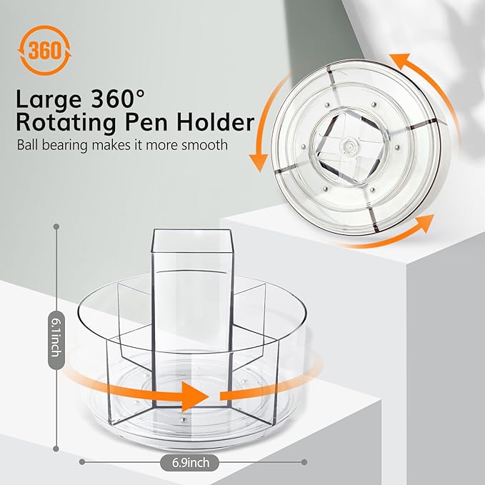 Rotating Pencil Holder for Desk, 5 Slots 360-Degree Spinning Acrylic Pen Holder for Desk, Marker Holder Caddy Art Supply Organizer Pen Organizer for Office Home School