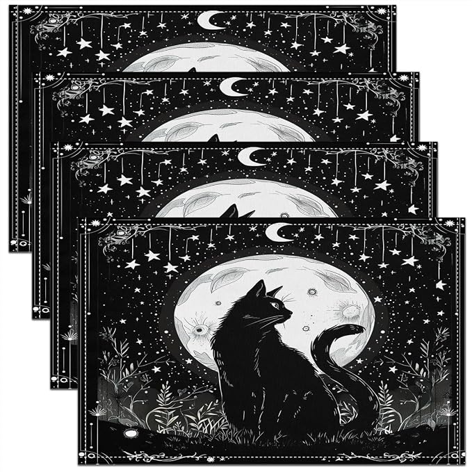 Feelyou Sun Moon Placemats Set of 4 18"x12" Boho Exotic Cat Table Place Mats, for Girls Decor Bohemian Animals Placemat for Kitchen Dining Table Decor Indoor Outdoor Women Men Galaxy Astrology Space by Feelyou