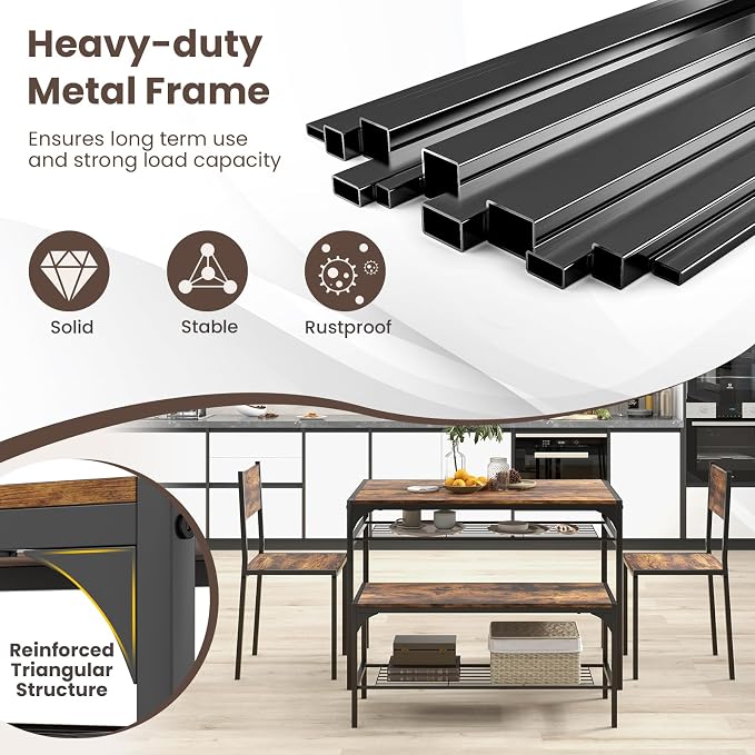 Giantex Dining Table Set for 4, Kitchen Table with Chairs & Bench, Storage Racks, Metal Frame, 4-Piece Space-Saving Dinette Set for Dining Room, Breakfast Nook, Small Space, Apartment,Rustic Brown - Image 5