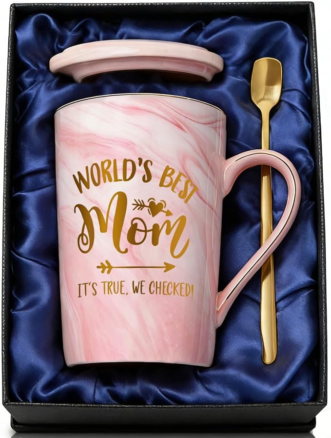 Mothers Day Birthday Gifts for Mom from Daughter Son Kids - 14Oz Funny Best Mom Mug with Gold Print, Unique Pink Marble Coffee Cup with Lid Spoon Greeting Card, Unique Moms Cup Gifts-Boxed Set by ShinnyWis