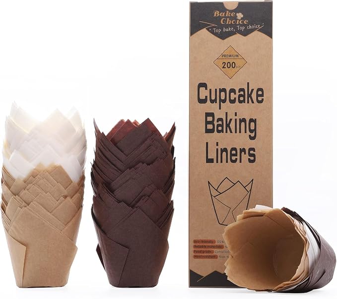 Bake Choice 200pcs Tulip Cupcake Liners, Standard Size, Mix Color | Tulip Muffin Liners, EU Parchment Paper, Brown, White, Unbleached Natural Color, for Party, Christmas by BakeChoice