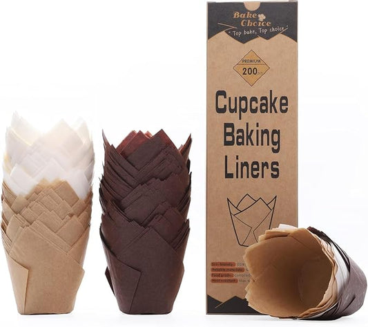Bake Choice 200pcs Tulip Cupcake Liners, Standard Size, Mix Color | Tulip Muffin Liners, EU Parchment Paper, Brown, White, Unbleached Natural Color, for Party, Christmas by BakeChoice