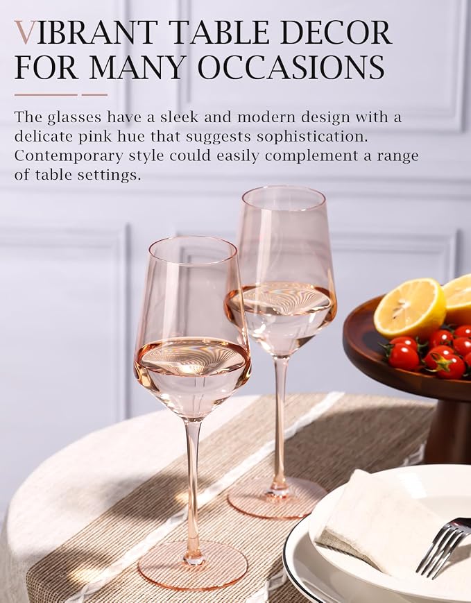 comfit Blush Pink Wine Glasses Set of 6-15 oz, Unfading Color, Hand-blown Wine Glasses, Pink Drinking Glassed - Pink Wedding Engagement Housewarming Gifts for Women Wine Lovers - Image 6
