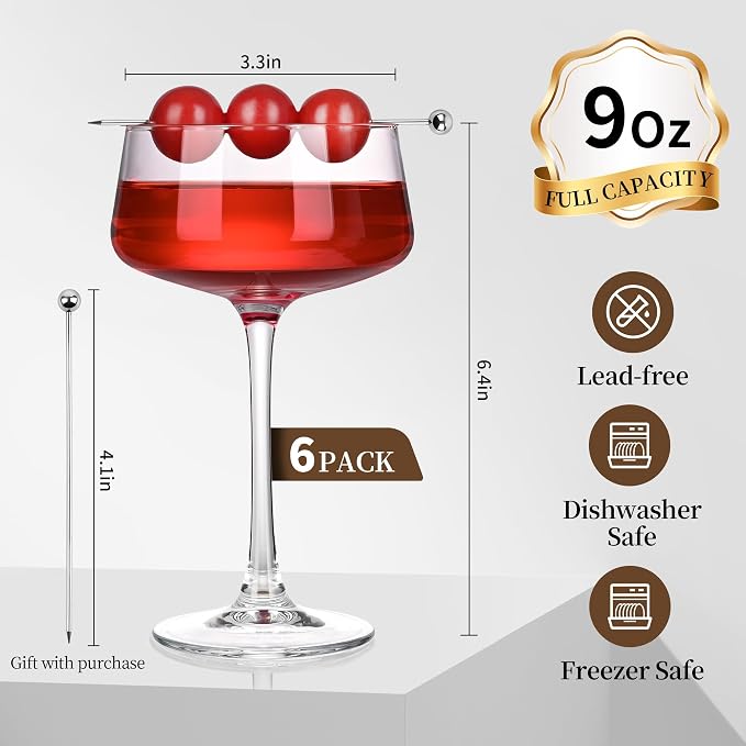 KMIGRUAN Martini Glasses Set of 6, 9oz Coupe Glasses, Hand Blown Crystal Cocktail Glasses for Espresso Martini, Manhattan,Home Bar,Gift Set - Image 4