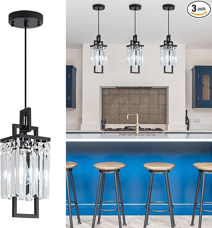 Modern Black Pendant Light Fixtures for Kitchen Island and Dining Room, Industrial Small Hanging Crystal Chandelier Light Fixture for Bedroom Entryway Living Room Foyer Hallway 3-Pack by Lighceac-ProfessionalLightingFixturesManufacturer