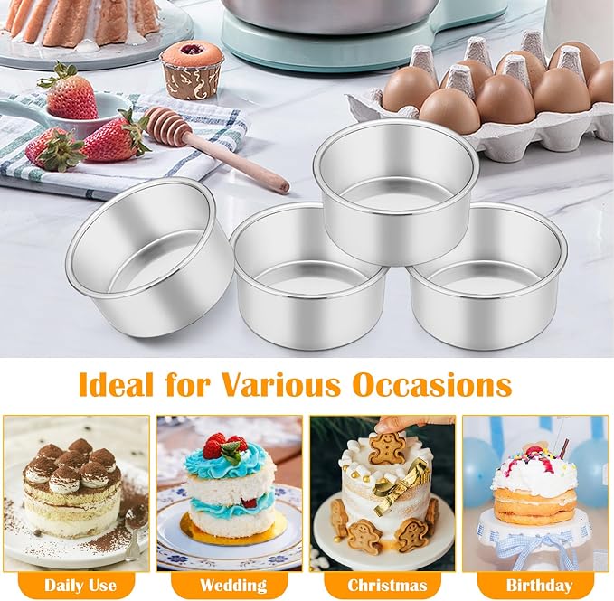 P&P CHEF 4 Inch Cake Pan Set of 4, Stainless Steel Round Cake Pans Tins | Baking Round Cake Bakeware for Birthday Wedding, Leak-proof & Mirror Finish & Easy Releasing, Dishwasher Safe - Image 4