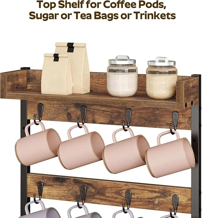 YATINEY Coffee Mug Holder Stand, 3 Tier Mug Tree Rack, Hanging 12 Cups, with Top Shelf, for Kitchen, Dining Room, Living Room, Cafe, Rustic Brown MH42BR - Image 3