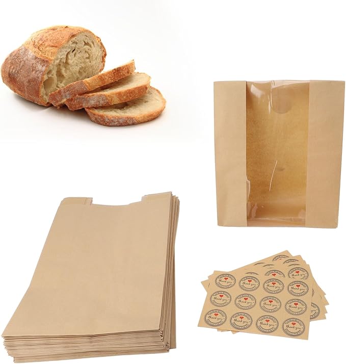 Yosoo 50PCS Bread Bags with Transparent Window Kraft Paper Baked Food Packaging Storage Bags for Homemade Bread Pastry Snacks with 60PCS Sealable Labels (Yellow) - Image 4