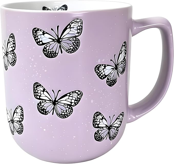 16oz Ceramic Coffee Mug for Office and Home, Hand Painted with Handles Tea Cup, Cute Vintage Butterfly Mug,Best Gifts for Women and Men,Dishwasher Microwave Safe (Light Purple) by Muujun