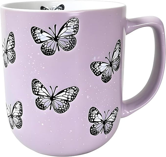 16oz Ceramic Coffee Mug for Office and Home, Hand Painted with Handles Tea Cup, Cute Vintage Butterfly Mug,Best Gifts for Women and Men,Dishwasher Microwave Safe (Light Purple) by Muujun