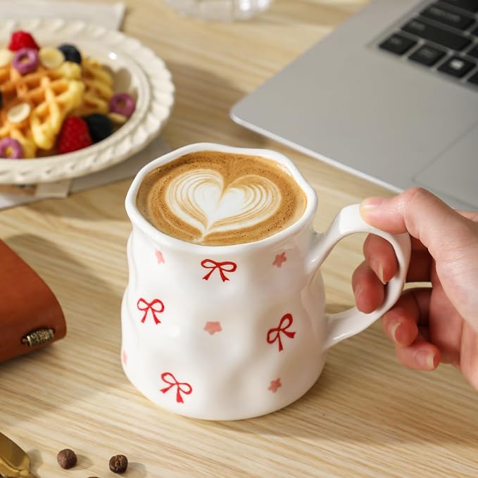 Ceramic Cute Coffee Mug,14 oz Pretty Mug,Unique Coffee Mug (Bows).Ceramic Mug For Women,Hand-Painted Coffee Cup - Image 5