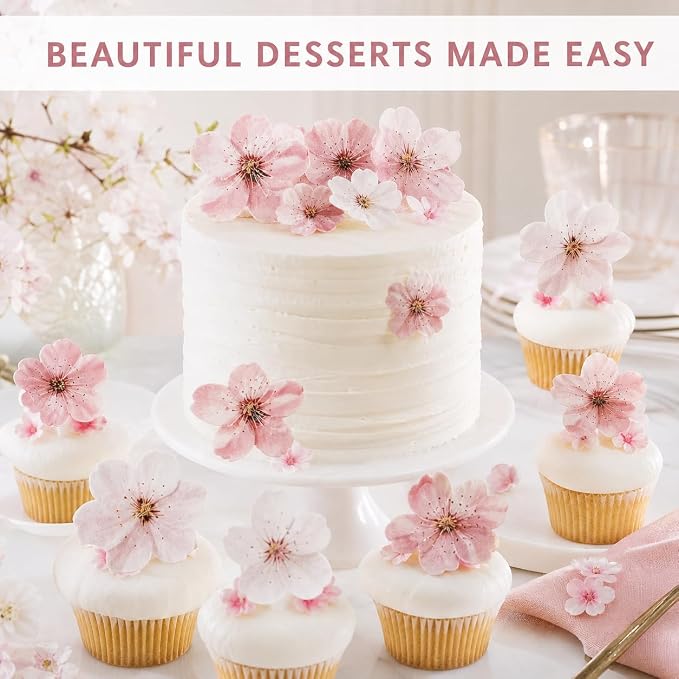 60Piece Edible Cherry Blossom Cake Toppers, Pre-Cut Wafer Paper Flowers in Assorted Sizes for Cupcakes, Baby Showers, Weddings, Birthdays and Spring Parties - Image 2