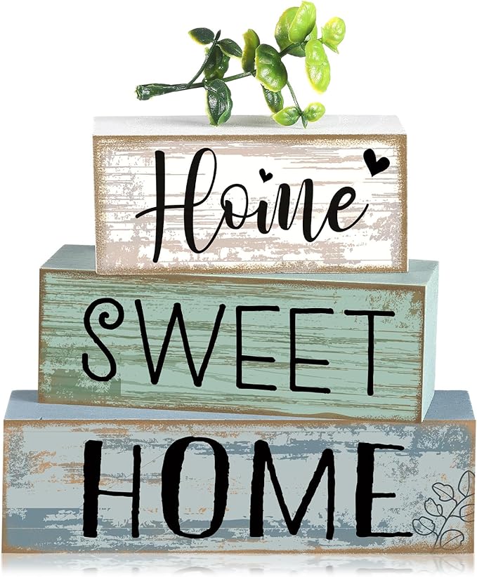 Moucuny 4 Pcs Farmhouse Wooden Table Decor Rustic Home Sweet Home Stacked Blocks Sign Decoration Farmhouse Eucalyptus Leaves Tiered Tray Decor for Kitchen Mental Shelf Coffee Bar by Moucuny