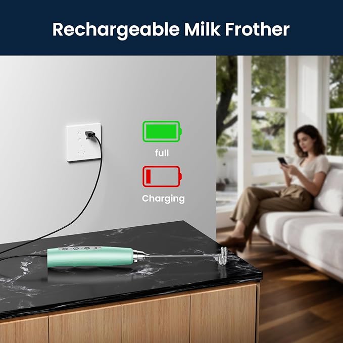 Milk Frother Rechargeable Handheld-Electric Whisk 3 Speed Adjustable, Coffee Frother Wand with 3 Stainless Whisks, Electric Foam Maker, Drink Mixer Blender for Latte Cappuccino Matcha Egg