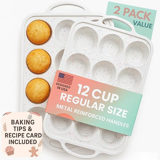 2 Pack Regular Muffin Pan - 12 Cup Silicone Muffin Pan for Baking with Metal Reinforced Frame - Regular Size Cupcake Pan, BPA Free Silicone Muffin Tray - Oven & Dishwasher Safe - Cream
