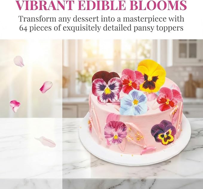 Edible Flower Cupcake Toppers, 64 Pieces Wafer Paper Pansy Flowers, Multicolor Spring Bridal Engagement Baby Shower Birthday Anniversary Party Supplies - Image 2