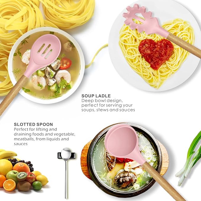 oannao Silicone Kitchen Utensils Set - 446°F Heat Resistant Cooking Utensil Sets, Spatula,Turner,Tongs,Spoon,Whisk, Wooden Handle Silicone Kitchen Gadgets Tools for Non-Stick Cookware BPA Free (Pink) - Image 2