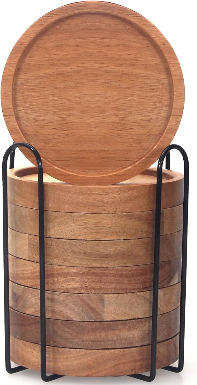 Acacia Wood Coasters Set of 8 Bar Accessories Table Decor Wooden Coaster | Rustic Vintage Drink Coaster with Holder Kitchen Decoration Cool Home Outdoor Cup Coster porta vasos Table Centerpieces - Image 5