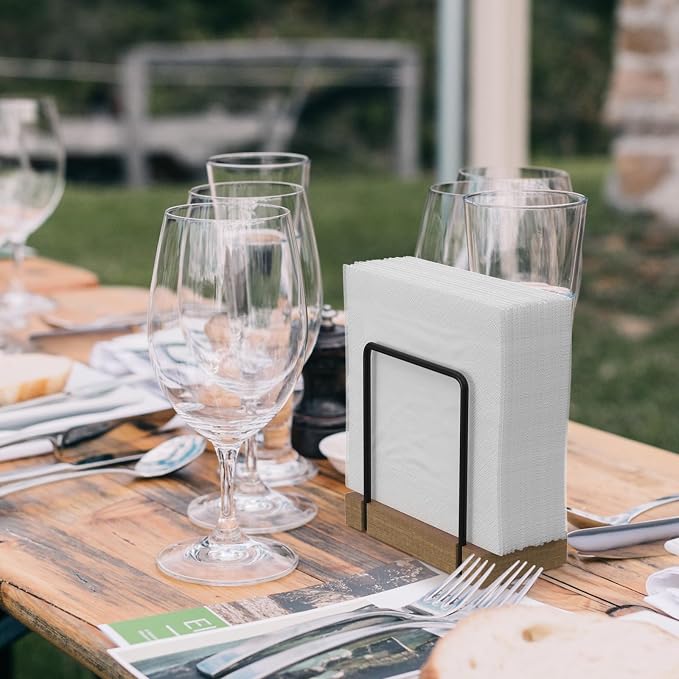 Wican Napkin Holder for Table, Acacia Iron Standing Napkin Dispenser | Kitchen Dining Table Farmhouse Cocktail Picnic Rustic Wood Holders, Mail, Suitable Dining Room Decors, Acacia and Matte Black - Image 4