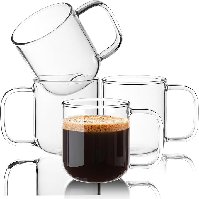 Glass Coffee Mugs, 8 oz iced coffee cups, Clear Tea Cups Set of 4, Glass Mugs with Handles, Glass Cups for Latte, Cappuccino, and Tea by BWODYAY