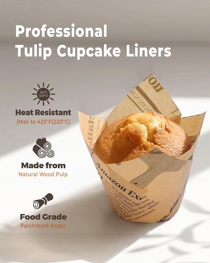 Bake Choice 200pc Standard Tulip Cupcake Liners for Baking, Newspaper Print | Tulip Muffin Liners, Non Stick, Grease Resistant Cupcake Wrappers for Party, Christmas - Image 3