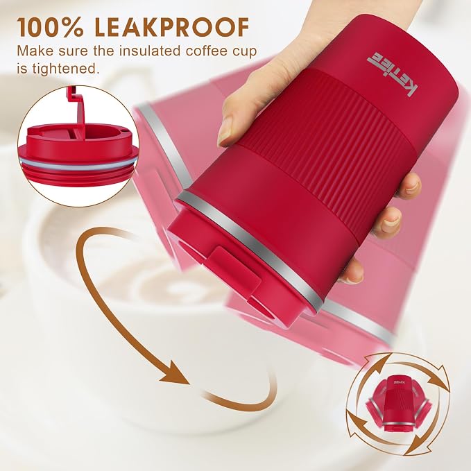 KETIEE Travel Coffee Mug Spill Proof 12oz, Insulated Travel Mug to Go, Reusable Coffee Cup with Seal Lid, Vacuum Stainless Steel Tumbler for Hot/Cold Drinks (Red) - Image 4