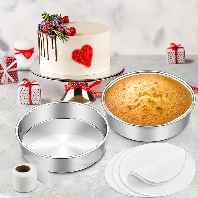 8 Inch Cake Pan Set of 2, E-Far Stainless Steel Round Layer Cake Baking Pans with Parchment Rounds & Side Liner Roll, Non-Toxic & Healthy Metal Cakes Tin, Straight Side & Dishwasher Safe - Image 6