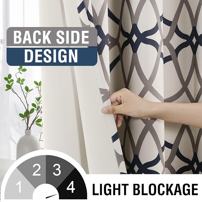 H.VERSAILTEX Blackout Curtains Printed Design 96 Inch Length 2 Panels Set Thermal Insulated Curtains for Bedroom Living Room Geometric Modern Grommet Window Drapes - Grey and Navy - Image 3