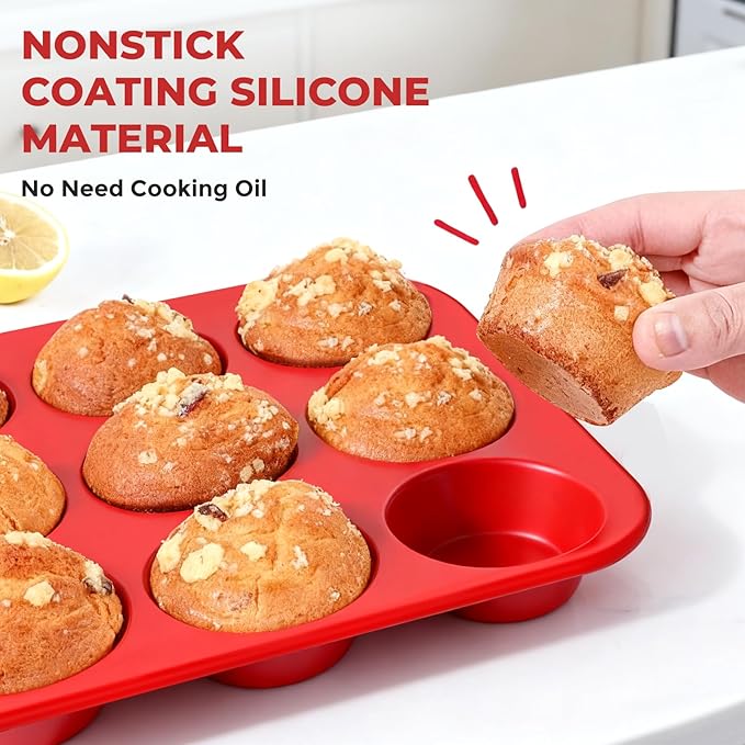 Silicone Cupcake Pan with Christmas Topper: 12 Cup Muffin Pan with Metal Reinforced Frame, Regular Size Cupcake Tray for Baking, BPA Free Silicone Muffin Tray, Dishwasher Safe (1 Pack, Red)