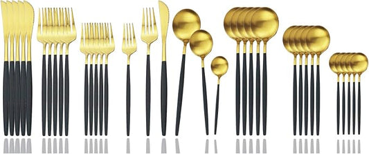 JASHII Silverware Set 36 Piece Food Grade Stainless Steel Flatware Set Fork Spoon Knife Utensils for Daily Use and Party, Service for 6 Anti Rust, Safe in Dishwasher (Matte Black handle gold) by JASHII