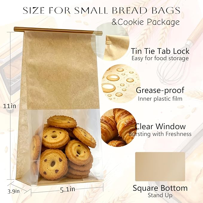 Cookie Bakery Bags with Window Small Bread Baked Goods Packaging Tin Tie Tab Closure for Candies, Treats, Snack - Brown Kraft Paper 45 Pcs 11x5.1x3.9 Inch - Image 2