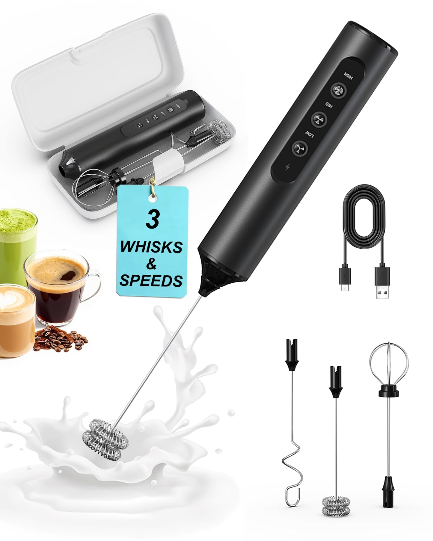 Rechargeable 3-Speed Milk Frother Wand (Black)