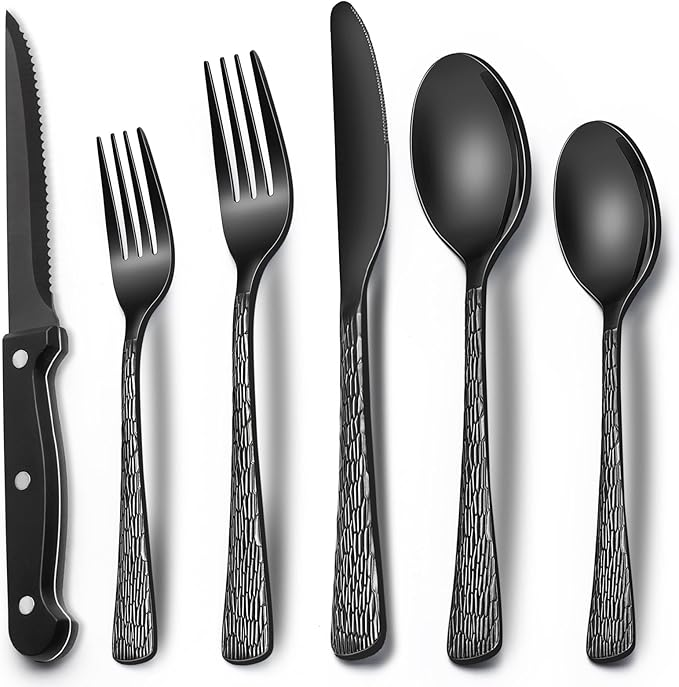EWFEN 24-Piece Black Silverware Set with Steak Knives, Black Flatware Set for 4, Food-Grade Stainless Steel Tableware Cutlery Set, Mirror Finished Utensil Sets for Home Restaurant, Tree Pattern by EWFEN