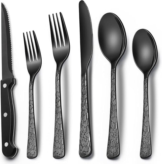 EWFEN 24-Piece Black Silverware Set with Steak Knives, Black Flatware Set for 4, Food-Grade Stainless Steel Tableware Cutlery Set, Mirror Finished Utensil Sets for Home Restaurant, Tree Pattern by EWFEN